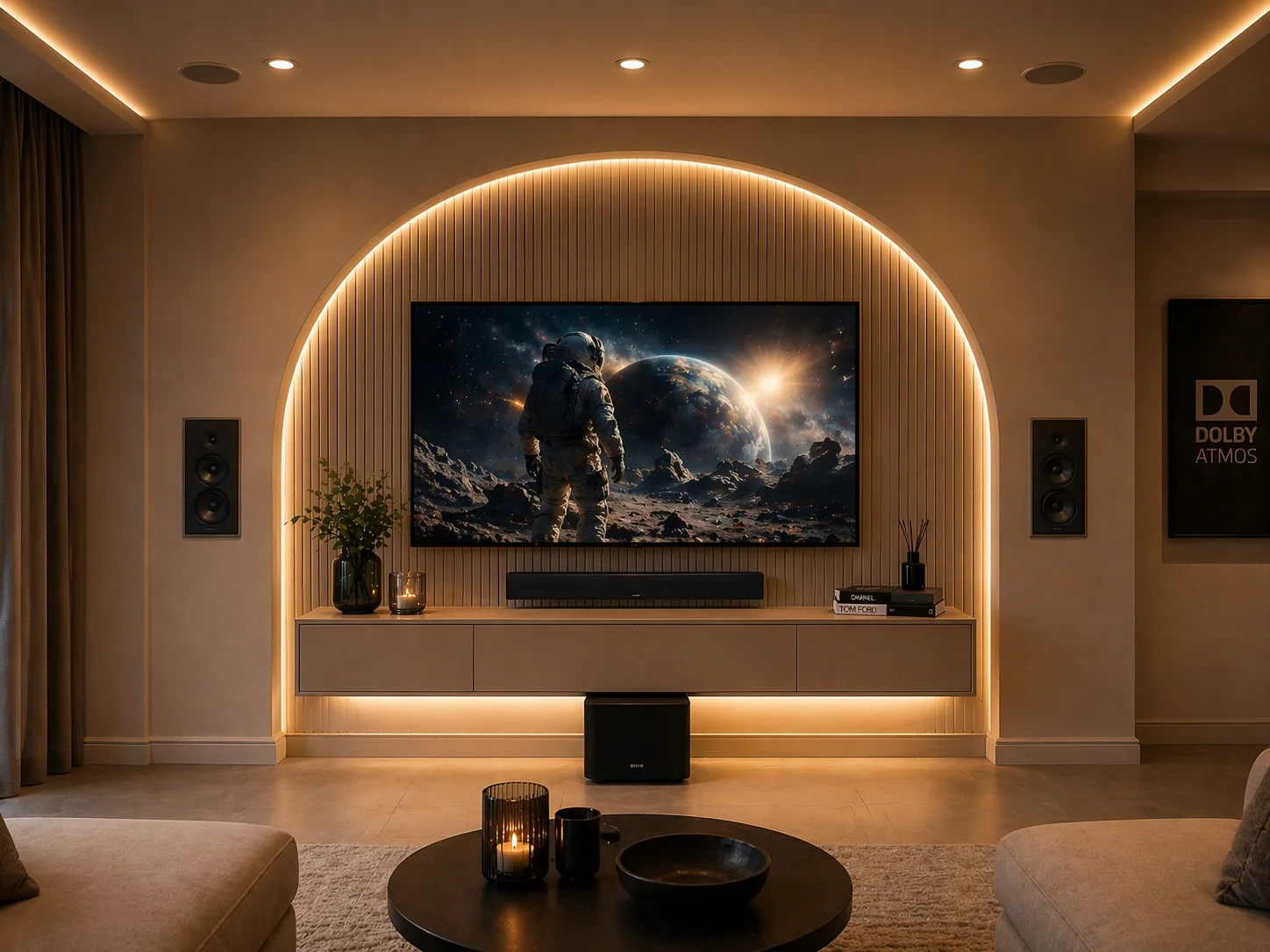 Batur Bouw project met maatwerk cinewall, warme lichtlijnen en geïntegreerde audio